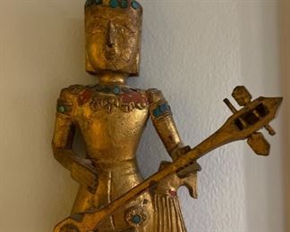 Set of 3 Vintage Gilt Carved Wood Thai Figures of Siamese Musicians. Each measures approximately 8ʺ W × 5ʺ D × 14ʺ H. Photo 3 of 4.