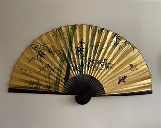 Vintage Gold Fan with Bamboo Motif. Measures 62" W x 32" H. Photo 1 of 3.