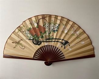 Vintage Gold Fan withFloral Rickshaw Motif. Measures 37" W x 20" H.