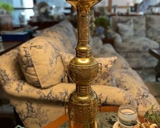 Pair of Vintage Chinese Carved Brass Table Lamps with Elephant Finials. Photo 1 of 2.
