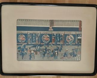 Antique Utagawa Hiroshige (1797-1858). Prosperous Street of Onaru-Cho in Edo. Woodblock Print. Framed, print measures 20" W x 14.5" H. Photo 1 of 5.