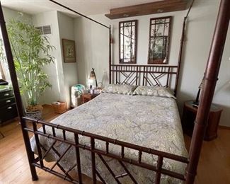 Queen Chinese Chippendale Faux Bamboo Metal Canopy Bed. Measures 84"H x 62" W 87" D. Photo 1 of 5.
