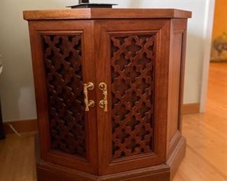 Custom Marble-Top Teak Side Table with Fretwork Doors and Faux Bamboo Pulls - 2 available. Each measures 22" D and 22" H. Photo 1 of 4.