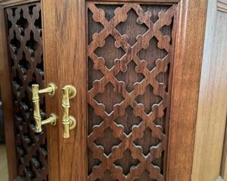 Custom Marble-Top Teak Side Table with Fretwork Doors and Faux Bamboo Pulls - 2 available. Each measures 22" D and 22" H. Photo 2 of 4.