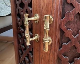 Custom Marble-Top Teak Side Table with Fretwork Doors and Faux Bamboo Pulls - 2 available. Each measures 22" D and 22" H. Photo 3 of 4.