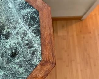 Custom Marble-Top Teak Side Table with Fretwork Doors and Faux Bamboo Pulls - 2 available. Each measures 22" D and 22" H. Photo 4 of 4.