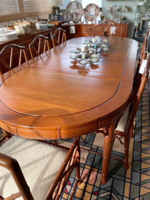 Vintage Hand-Carved Rosewood Extension Dining Table With Faux Bamboo Detailing. Extends from 56" to 96"L with Two Leaves. Circa 1950s. Measures  42" x 30" H. 26.5" Clearance. Photo 1 of 3. 