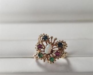 Opal, ruby and  emerald gold butterfly ring