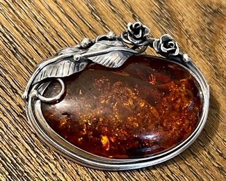 Large Amber and sterling brooch