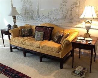 Chippendale down filled sofa, Heritage Henredon drop leaf side table, matching white and gold lamps.