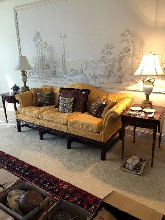 Chippendale down filled sofa, Heritage Henredon drop leaf side table, matching white and gold lamps.