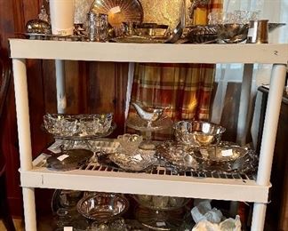 Great collection of holiday entertaining supplies! Punch bowl and cups, silver plated trays, plated bowls and glass cake plates! 