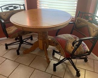 Oak Pedestal Table w 2 Rolling/Swivel Chairs