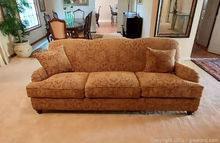 Beautiful Ethan Allen 3 Person MacKenzie Sofa Cranberry Tan
