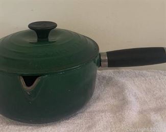 Green Le Creuset 18 Saucepan with Spout and Lid