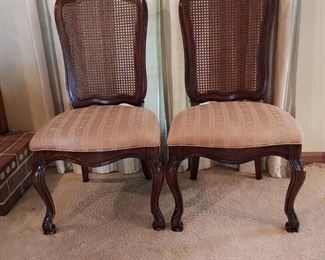 Pair of Lovely White Furniture Cane Back Sining Room Side Chair with Upholstered Seats