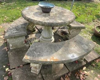 Round Concrete Picnic Table & Benches
Needs to be cleaned but in great condition! 
Table measures: 42” across x 30” tall
Benches measure: 52” long x 16” deep x 17” tall.
This will take MULTIPLE people to move. Please plan accordingly.
Must be moved and loaded yourself.