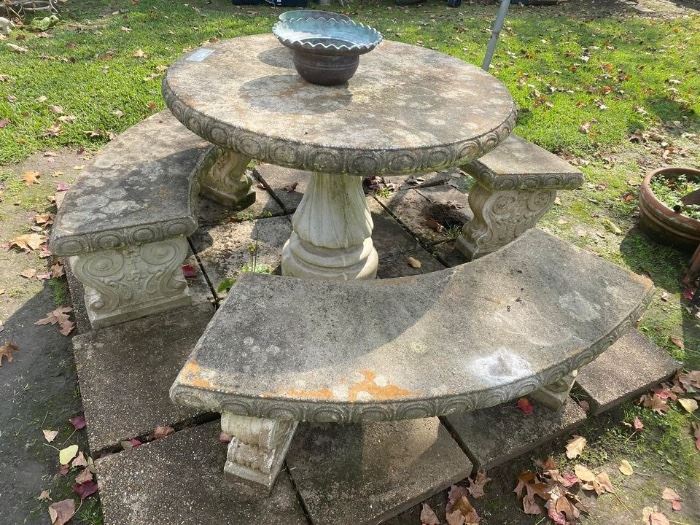 Round Concrete Picnic Table & Benches
Needs to be cleaned but in great condition! 
Table measures: 42” across x 30” tall
Benches measure: 52” long x 16” deep x 17” tall.
This will take MULTIPLE people to move. Please plan accordingly.
Must be moved and loaded yourself.