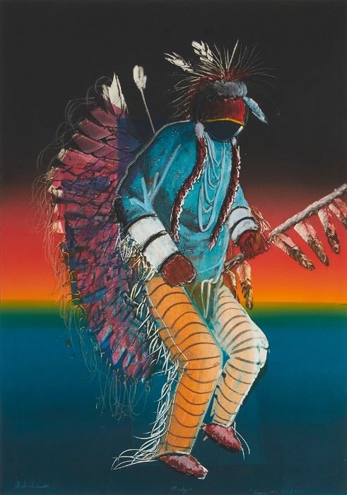 6001
Raymond Nordwall
b. 1965, Santa Fe, NM
"Keeping His Tradition," 1990
Mixed media on paper under glass
Signed and dated lower left: Nordwall; titled lower right; inscribed lower center
Sight: 39" H x 27" W
Estimate: $400 - $600