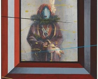 6005
Allen Bahe
b. 1959, Diné
"Yei At The Window (Navajo)"
Acrylic on canvas
Signed lower left: Bahe [with the artist's device]; signed again, titled and inscribed verso: The four streaks are 4 sacred colors of the Navajo also balancing the painting
20" H x 16" W
Estimate: $500 - $700
