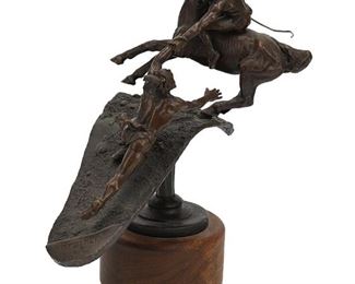 6011
Bud Boller
1928-2012, Colorado/Wyoming
"Brother," 1973
Patinated bronze on wood base <br />
Signed and dated: Bud Boller © / 1973; further marked: M/E
7.25" H x 7.5" W x 5.5" D
Estimate: $400 - $600