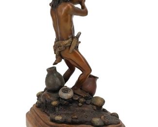 6015
James P. Regimbal
b. 1949, Washington
Native American Figure With Pottery Vessels, 1973
Cold painted and patinated bronze on wood base
Edition 57/60; signed and dated: Jim Regimbal © / 1973; further marked: Western Art Council / Palm Springs Desert Museum
9.75" H x 7" W x 5" D
Estimate: $200 - $300