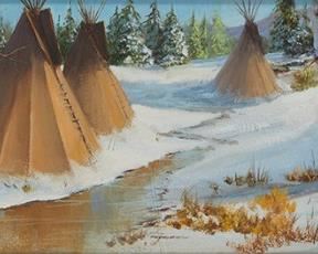 6017
Joni Falk
b. 1933, Phoenix, AZ
"Indian Camp," 1977
Watercolor and gouache on paper under glass
Signed and dated lower right: Joni Falk ©
Sight: 4.875" H x 15" W
Estimate: $400 - $600