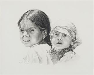 6018
Esther Morrison
20th/21st Century, American
Portrait Of Two Native American Children, 1983
Pencil on paper under glass
Signed and dated lower left: Esther Morrison ©
Sight: 21.25" H x 25.75" W
Estimate: $400 - $600