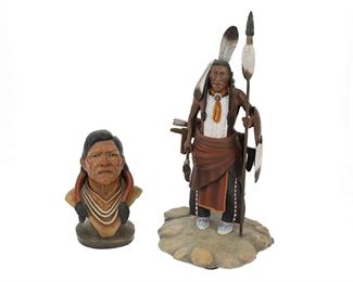 6019
Cecil E. Wakefield (1930-2003, Phoenix, AZ)
Two works:

Standing figure with quiver and spear, 1970
Cold painted bronze
Signed and dated: Wakefield © / 1970
12.875" H x 6.75" W x 7" D

Bust of an Native American man, 1969
Cold painted bronze
Signed and dated: Wakefield © / 1969
6" H x 4.25" W x 3.5" D

2 pieces
Estimate: $400 - $600