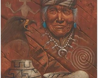 6023
P.K. Williams
20th/21st Century, Diné
Navajo Man With Eagle And Prehistoric Pottery
Acrylic on canvas
Signed lower right: P.K. Williams
36" H x 24" W
Estimate: $300 - $500