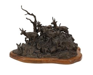 6029
Donald Polland
1932-2003, California
"Pronghorns With Trees," 1969
Patinated bronze on wood base
Edition 20/50; signed and dated: Polland © / 69
5" H x 7.25" W x 5.5" D
Estimate: $300 - $500