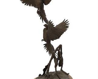 6030
John Scott
20th Century, Colorado
"Come Fly With Me," 1974
Patinated bronze on wood base
Edition 15/50; signed and dated: John Scott © [ram cipher] / 74; further marked: Santa Fe Bronze; titled to sculpture
14.5" H x 9" W x 5.5" D
Estimate: $400 - $600