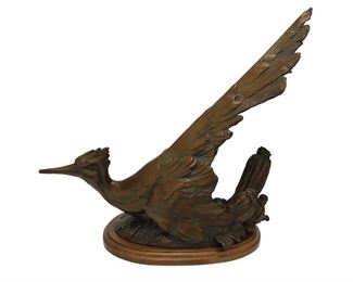 6031
Sandy Scott
b. 1943, Wyoming
Road Runner, 2016
Patinated bronze on wood base
Edition 6/65; signed and dated: S Scott © / '16
15" H x 18" W x 7.25" D
Estimate: $300 - $500