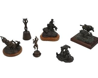 6038
A Group Of Donald Polland And Bud Boller Miniature Bronzes
Six works:

Bud Boller
(1928-2012, Colorado/Wyoming)
"Bring Back the Buffalo," 1971
Patinated bronze
Edition 1/20; signed, dated: Bud Boller © / 1971; titled to sculpture
5.25" H x 2" Dia.

Donald Polland
(1932-2003, California)
Dancing figure with tomahawk, 1969
Patinated bronze
Unnumbered edition of 50; signed and dated: Polland © / 69
3.75" H x 1.75" Dia.

Donald Polland
(1932-2003, California)
Hunting a bison, 1968
Verdigris bronze on wood base
Signed and dated: Polland © / 68
3" H x 4.5" W x 3.25" D; With base: 4" H x 5" W x 4" D

Donald Polland
(1932-2003, California)
"Dusted," 1970
Patinated bronze on wood base
Unnumbered edition of 50; signed: Polland ©; titled to sculpture
4" H x 4" W x 3.25" D; With base: 4.25" H x 4" W x 3.75" D

Donald Polland
(1932-2003, California)
"Blowin' Cold," 1969
Patinated bronze on wood base
Unnumbered edition of 30; signed and dated: Polland © / 69; titled to sculpture
4" H x 3.5" W x