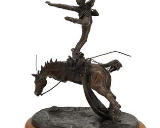 6042
Bud Boller
1928-2012, Colorado/Wyoming
"Sling Shot," 1972
Patinated bronze on wood base
Signed and dated: Bud Boller © / 1973; further marked: M/E Proof / JHM Classic Bronze; titled to sculpture
7.75" H x 6.25" W x 5.5" D
Estimate: $400 - $600