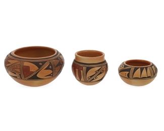 6052
Three Anita Polacca Hopi Pueblo Pottery Bowls
Mid-20th Century
Each signed: Anita Polacca
Each bowl with polychrome geometric and avian motifs on buff burnished slip glaze
Largest 3.25" H x 6.25" Dia.; Smallest: 3.25" H x 3.5" Dia.
Estimate: $300 - $400