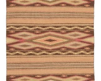 6068
A Navajo Wide Ruins Rug, By Geraldine Begay
Circa 1983, Diné
Woven in polychrome wool with banded motif and serrated diamonds
35" L x 23.5" W
Estimate: $300 - $400