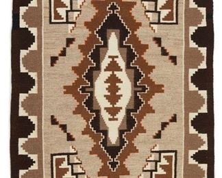 6069
A Navajo Rug, By Helen Tsosie
20th Century, Diné
Woven in dark brown, light brown, dark grey, light grey, tan, and cream wool with four stepped corner elements and a central stepped diamond
45" H x 33" W
Estimate: $300 - $500