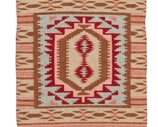 6075
A Navajo Textile Mat
20th Century, Diné
Woven in tan, red, light grey, dark grey, brown, light pink, dark pink, yellow, and light green wool with stepped and serrated geometric motifs on banded ground
23.25" H x 32" W
Estimate: $150 - $250