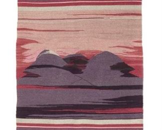 6076
A Rio Grande Pictorial Rug
Fourth-Quarter 20th Century; Los Ojo, NM
Woven in shades of purple, pink, light grey, white, and cream wool with a central mountain motif and banded fringe edges
52" L x 34" W
Estimate: $400 - $600