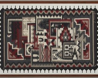 6078
A Framed Navajo Textile Sampler
Mid-20th Century, Diné
The Navajo/Diné sampler textile woven in red, light and dark grey, black and cream wool with various geometric patterns, enclosed in a shadow box frame
Sight: 30" H x 46" W
Estimate: $400 - $600