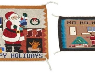 6082
Two Navajo Holiday-Themed Weavings
Two works:

A "Ho Ho Ho" weaving
Fourth-Quarter 20th Century, Diné
Depicting Santa Clause in an interior with a tree, fireplace, and gifts
14" H x 20.75" W

A "Happy Holidays" weaving by Charlotte Begay
Fourth-Quarter 20th Century, Diné
Depicting Santa stuffing stockings in an interior with tree
23" H x 24.25" W
Purchased from Heard Museum, Phoenix, AZ

2 pieces
Estimate: $200 - $400