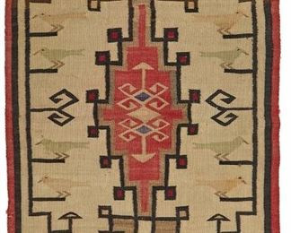 6080
A Navajo Pictorial Rug
First-Quarter 20th Century, Diné
Woven in red, cream, grey, dark brown, light green, yellow, and purple wool with stepped diamond and geometric motifs flanked by birds
57.25" L x 37.5" W
Estimate: $300 - $500