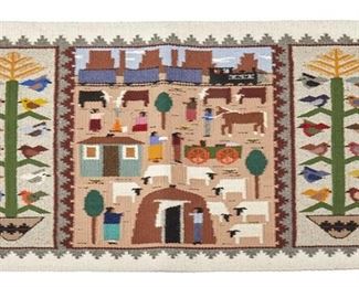 6081
A Navajo Pictorial Weaving
Fourth-Quarter 20th Century, Diné
Woven in polychrome wools, depicting a village scene with a Hogan, a house, a wagon, a horse, cows, sheep, people, a train and birds in trees
22" H x 37" W
Estimate: $300 - $500