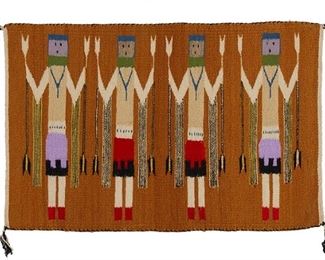6083
A Navajo Yei Weaving
20th Century, Diné
Woven in polychrome wool with four Yei figures on a tan ground
24" H x 36" W
Estimate: $300 - $500