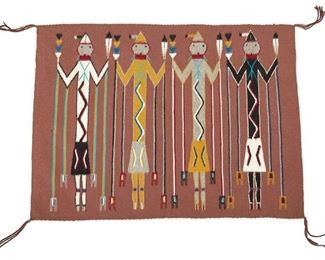 6084
A Navajo Yei Weaving, By Zonnie Gilmore
Fourth-Quarter 20th Century, Diné
Woven in polychrome wool on a brown field with four Yei figures
27.25" H x 31" W
Estimate: $400 - $600