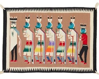 6086
A Navajo Yei Weaving
20th Century, Diné
Woven in polychrome wool depicting five Yeibichai dancers with Talking God and Water Sprinkler
27.25" H x 38" W
Estimate: $300 - $500