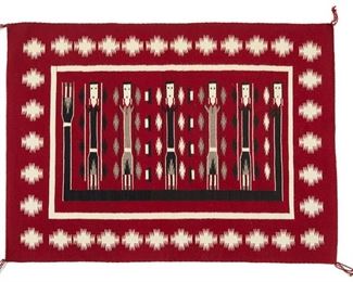 6087
A Navajo Yei Weaving, By Bessie Yazzie
Late 20th/Early 21st Century, Diné
Woven in black, grey, cream, and red wool with five Yei figures surrounded by the Rainbow Guardian
36.5" H x 49.5" W
Estimate: $400 - $600