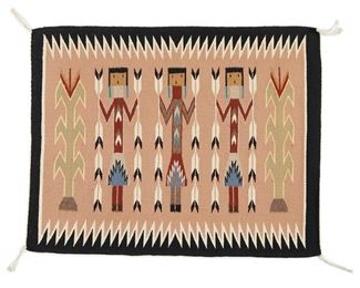 6088
A Navajo Yei Weaving, By Louise White
Fourth-Quarter 20th Century, Diné
Woven in polychrome wool with three Yei figures and corn
25" H x 32" W
Estimate: $200 - $300