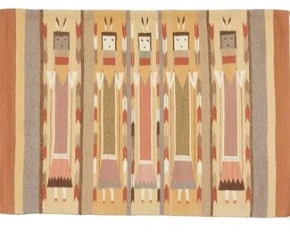 6089
A Navajo Yei Weaving
20th Century, Diné
Woven in polychrome wool with five Yei figures
34.5" H x 48" W
Estimate: $300 - $500